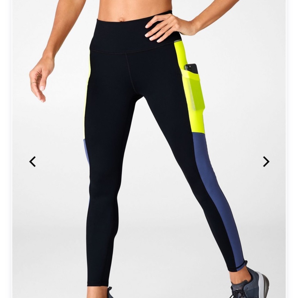 Fabletics Black, Neon Yellow & Blue Colorblock High-Waist Leggings